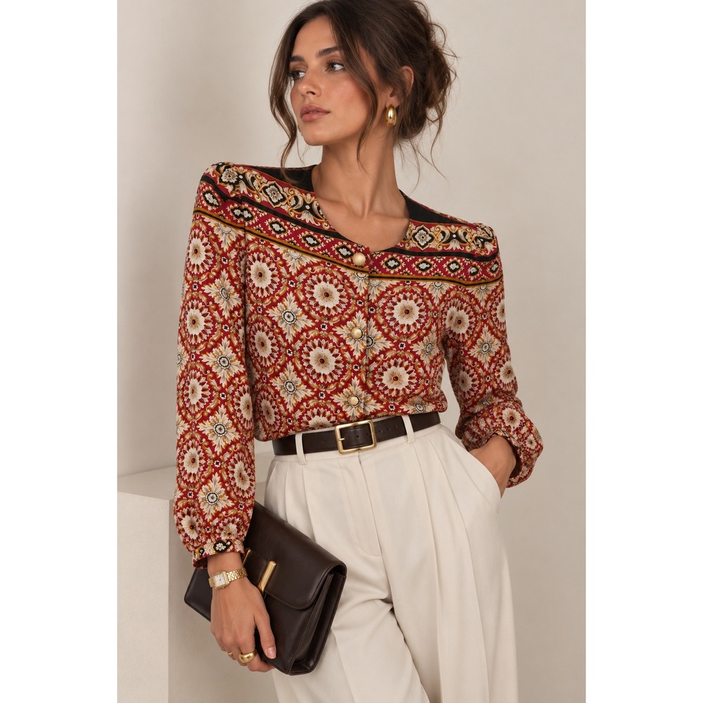 Maggy London Blouse Womens 10 Red Silk Medallion Vintage Long Sleeve Ornate Top